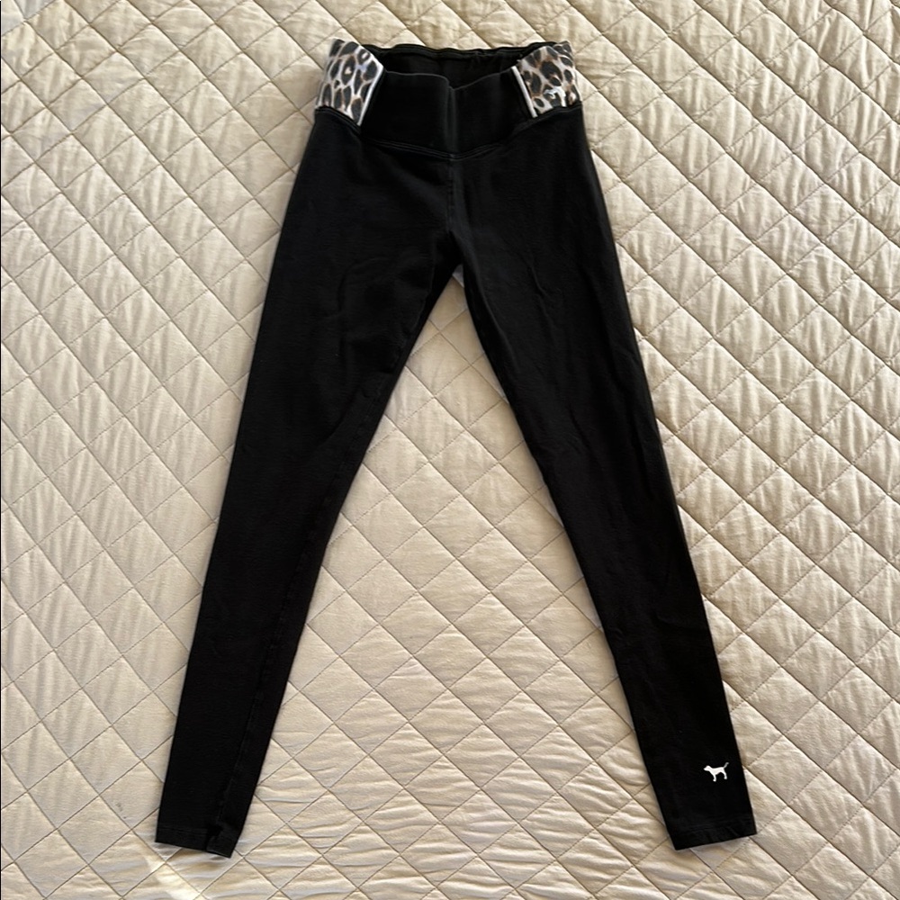 PINK Yoga Black Leggings with Leopard Print Waistband